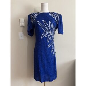 Vintage Rare 1980s Beaded Silk Cocktail Dress Sweelo Small Med Blue Party‎ NYE